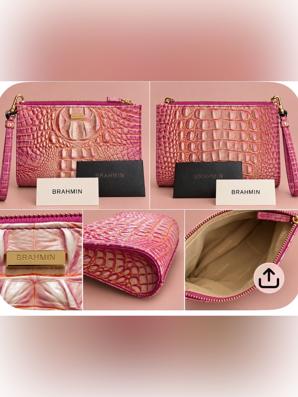 Brahmin NWT Iridescent Pink Croc-Embossed Wristlet Clutch Wristlet NWT - Picture 2 of 7